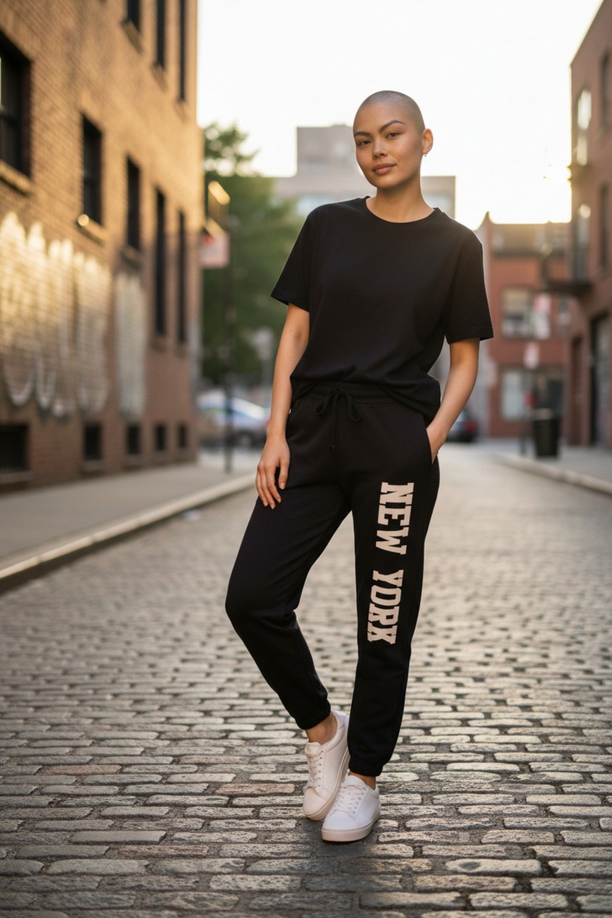 "NEW YORK"  Lane Seven Joggers Black Fleece Banded Ankle Side Pockets - Medium